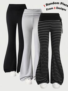 SHEIN Teen Girl Teen Girls Fall/Winter Street-Style Side Drawstring Striped Flared Pants Bell Bottom Pants - Dark Grey - View 9