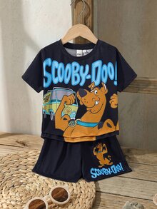 SCOOBY-DOO X SHEIN Young Boy's Casual Cartoon Letter Print Short Sleeve T-Shirt And Shorts Set, Summer - Black - View 3
