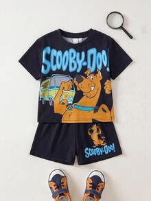 SCOOBY-DOO X SHEIN Young Boy's Casual Cartoon Letter Print Short Sleeve T-Shirt And Shorts Set, Summer - Black - View 1