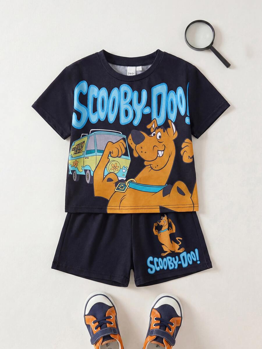 SCOOBY-DOO X SHEIN Young Boy's Casual Cartoon Letter Print Short Sleeve T-Shirt And Shorts Set, Summer - Black - View 1