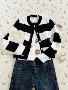 Elamini Striped Asymmetrical Perforated Button Long Sleeve Round Neck Cute Exquisite Vibe Autumn/Winter Knit Cardigan - Black and White - View 1