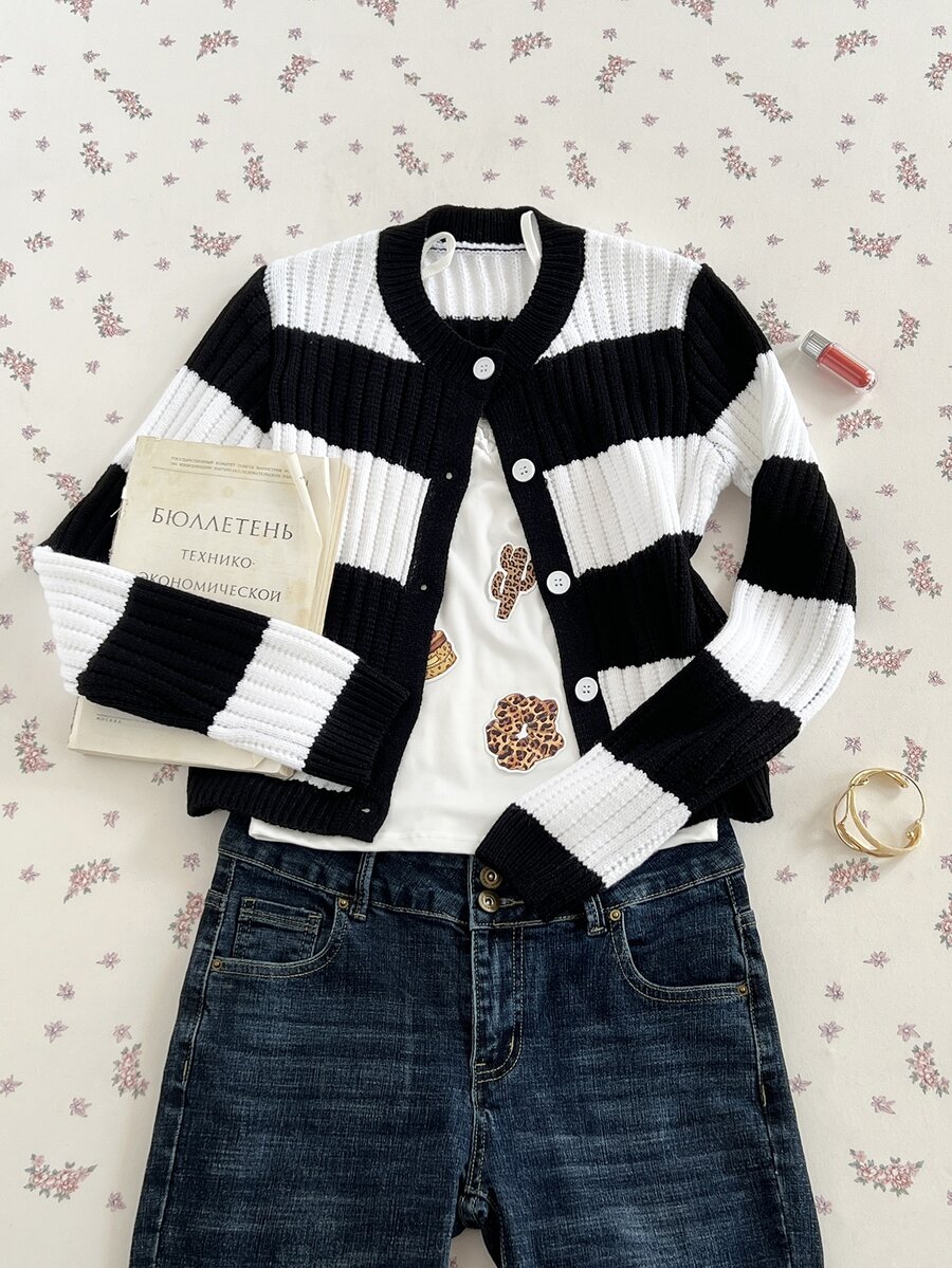 Elamini Striped Asymmetrical Perforated Button Long Sleeve Round Neck Cute Exquisite Vibe Autumn/Winter Knit Cardigan - Black and White - View 1