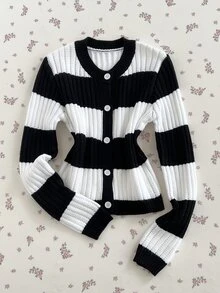 Elamini Striped Asymmetrical Perforated Button Long Sleeve Round Neck Cute Exquisite Vibe Autumn/Winter Knit Cardigan - Black and White - View 8