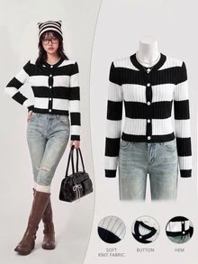 Elamini Striped Asymmetrical Perforated Button Long Sleeve Round Neck Cute Exquisite Vibe Autumn/Winter Knit Cardigan - Black and White - View 3