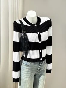Elamini Striped Asymmetrical Perforated Button Long Sleeve Round Neck Cute Exquisite Vibe Autumn/Winter Knit Cardigan - Black and White - View 4