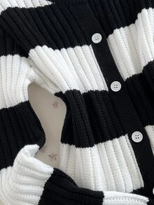 Elamini Striped Asymmetrical Perforated Button Long Sleeve Round Neck Cute Exquisite Vibe Autumn/Winter Knit Cardigan - Black and White - View 7