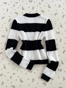Elamini Striped Asymmetrical Perforated Button Long Sleeve Round Neck Cute Exquisite Vibe Autumn/Winter Knit Cardigan - Black and White - View 2