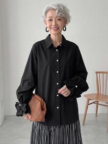 FRIFUL Women's Solid Color Long Sleeve Single-Breasted Loose Fit Shirt Fall - Black - View 6