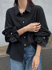 FRIFUL Women's Solid Color Long Sleeve Single-Breasted Loose Fit Shirt Fall - Black - View 14