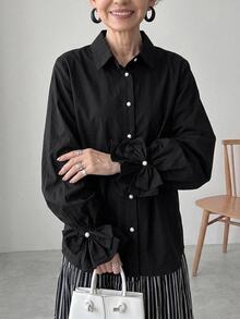 FRIFUL Women's Solid Color Long Sleeve Single-Breasted Loose Fit Shirt Fall - Black - View 5