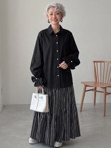 FRIFUL Women's Solid Color Long Sleeve Single-Breasted Loose Fit Shirt Fall - Black - View 3