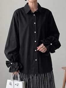 FRIFUL Women's Solid Color Long Sleeve Single-Breasted Loose Fit Shirt Fall - Black - View 8