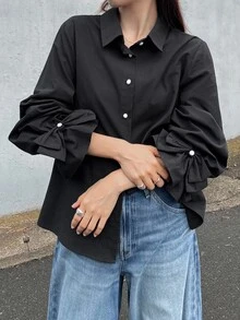 FRIFUL Women's Solid Color Long Sleeve Single-Breasted Loose Fit Shirt Fall - Black - View 9