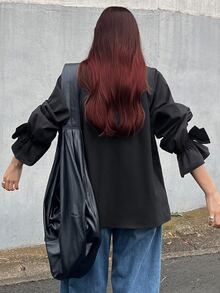FRIFUL Women's Solid Color Long Sleeve Single-Breasted Loose Fit Shirt Fall - Black - View 10