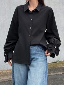 FRIFUL Women's Solid Color Long Sleeve Single-Breasted Loose Fit Shirt Fall - Black - View 13