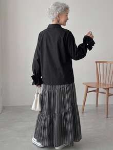 FRIFUL Women's Solid Color Long Sleeve Single-Breasted Loose Fit Shirt Fall - Black - View 2