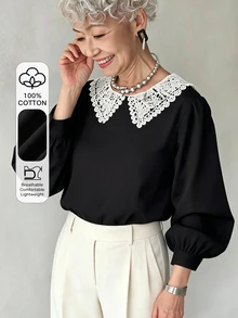 FRIFUL Women's Elegant Contrast Lace Collar Long Sleeve Blouse Fall - Black - View 1