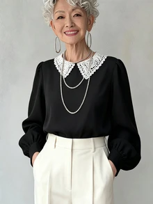 FRIFUL Women's Elegant Contrast Lace Collar Long Sleeve Blouse Fall - Black - View 9