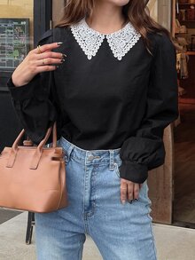 FRIFUL Women's Elegant Contrast Lace Collar Long Sleeve Blouse Fall - Black - View 2