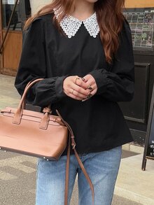 FRIFUL Women's Elegant Contrast Lace Collar Long Sleeve Blouse Fall - Black - View 3