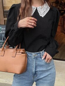 FRIFUL Women's Elegant Contrast Lace Collar Long Sleeve Blouse Fall - Black - View 5