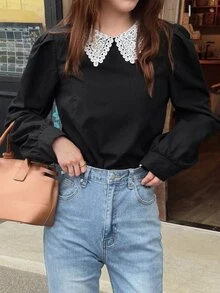 FRIFUL Women's Elegant Contrast Lace Collar Long Sleeve Blouse Fall - Black - View 4