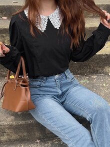 FRIFUL Women's Elegant Contrast Lace Collar Long Sleeve Blouse Fall - Black - View 7