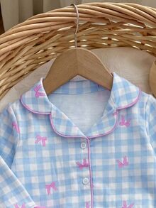 SHEIN Babygirl Cute Casual Knitted Plaid Bow Pattern Ruffle Long Sleeve Pajama Set - Blue - View 4