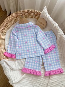 SHEIN Babygirl Cute Casual Knitted Plaid Bow Pattern Ruffle Long Sleeve Pajama Set - Blue - View 2