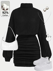 SHEIN Teen Girl Solid Color Stand Collar Long Sleeve Dress - Multicolor - View 1