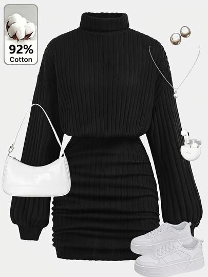 SHEIN Teen Girl Solid Color Stand Collar Long Sleeve Dress