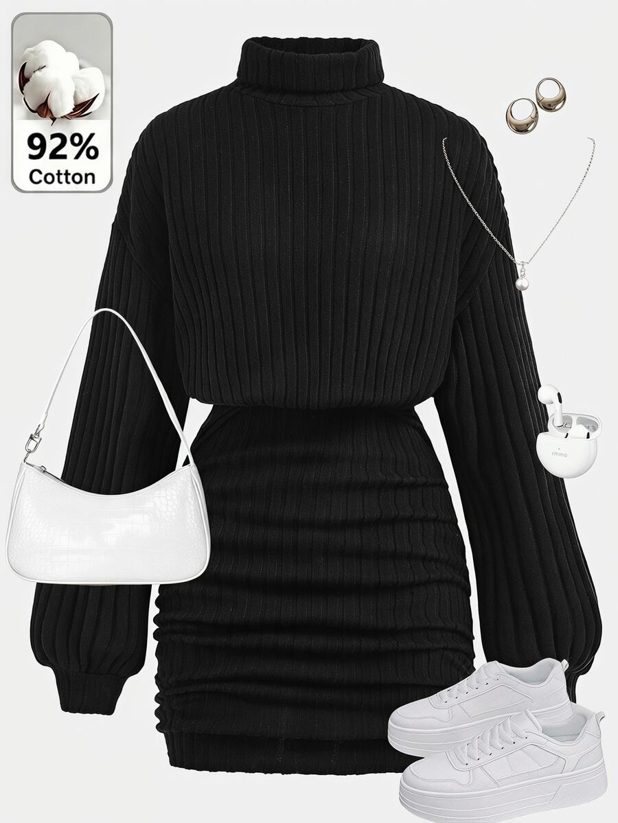 SHEIN Teen Girl Solid Color Stand Collar Long Sleeve Dress - Multicolor - View 1