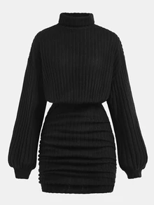 SHEIN Teen Girl Solid Color Stand Collar Long Sleeve Dress - Multicolor - View 2