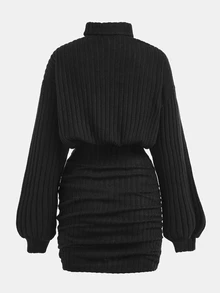 SHEIN Teen Girl Solid Color Stand Collar Long Sleeve Dress - Multicolor - View 5