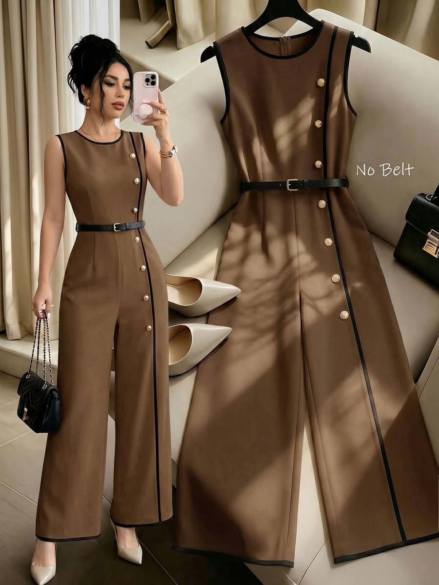 SHEIN Raffinéa Women's Elegant Commute Casual Patchwork Colorblock Button-Up Sleeveless Round Neck Jumpsuit - Coffee Brown - View 1