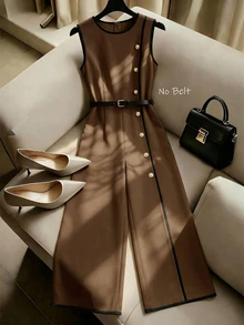 SHEIN Raffinéa Women's Elegant Commute Casual Patchwork Colorblock Button-Up Sleeveless Round Neck Jumpsuit - Coffee Brown - View 6