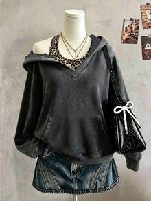 Lalippa Women's 2 Pieces Outfit Set, Dark Gray Leopard Print, Holiday Date Outfit, Women's Hooded Halter Neck Sweatshirt Set - Dark Grey - View 1