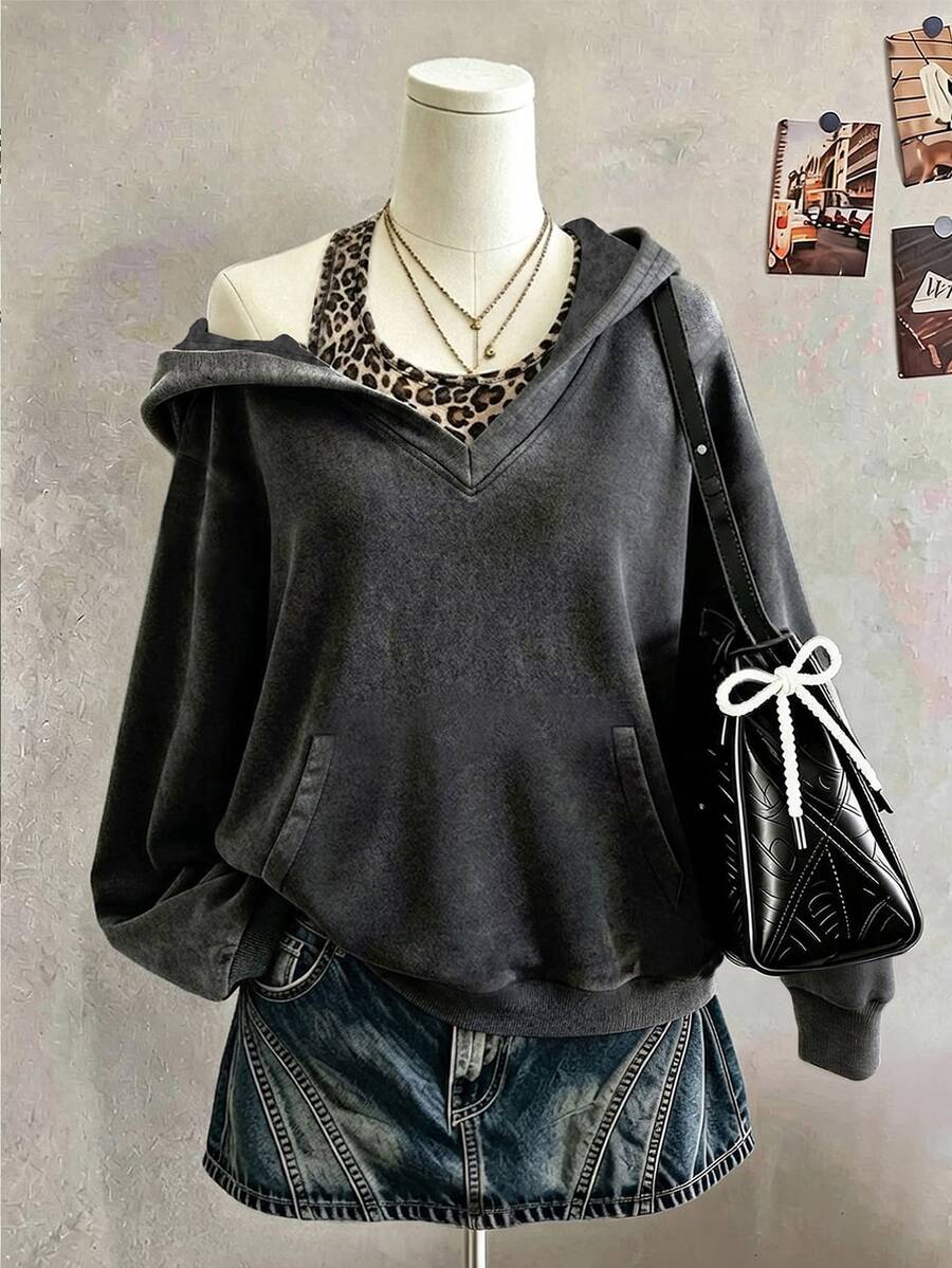 Lalippa Women's 2 Pieces Outfit Set, Dark Gray Leopard Print, Holiday Date Outfit, Women's Hooded Halter Neck Sweatshirt Set - Dark Grey - View 1