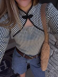 Serisse Women's Plaid Colorblock Casual Versatile Daily Commute Shirt - Black and White - View 4