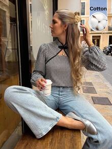Serisse Women's Plaid Colorblock Casual Versatile Daily Commute Shirt - Black and White - View 1