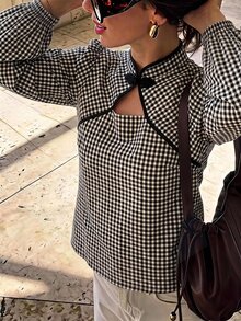 Serisse Women's Plaid Colorblock Casual Versatile Daily Commute Shirt - Black and White - View 5
