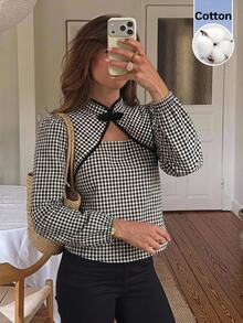 Serisse Women's Plaid Colorblock Casual Versatile Daily Commute Shirt - Black and White - View 3