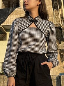 Serisse Women's Plaid Colorblock Casual Versatile Daily Commute Shirt - Black and White - View 6