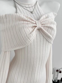 Elamini Halterneck Bow Halter Tie-Up Fitted Flare Sleeve Exquisite Cute Versatile Atmosphere Autumn/Winter Knit Sweater Dress - Baby Pink - View 6