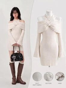 Elamini Halterneck Bow Halter Tie-Up Fitted Flare Sleeve Exquisite Cute Versatile Atmosphere Autumn/Winter Knit Sweater Dress - Baby Pink - View 3