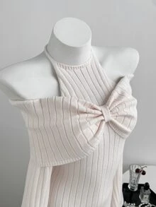 Elamini Halterneck Bow Halter Tie-Up Fitted Flare Sleeve Exquisite Cute Versatile Atmosphere Autumn/Winter Knit Sweater Dress - Baby Pink - View 5