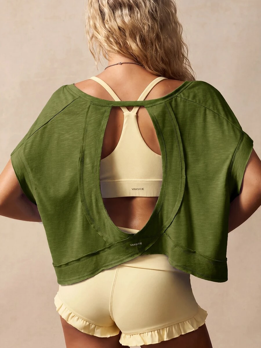VARSIVA Women Solid Color Back Hollow-Out Batwing Sleeve Sports Activewear Top T-Shirt - Army Green - View 1