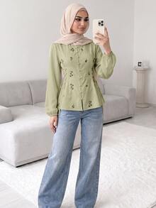 Solavon Women's Exquisite Button Cinched Waist-Cinching Blouse - Green - View 4
