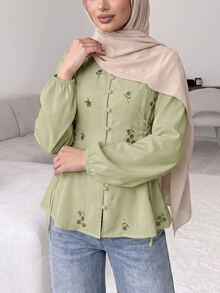Solavon Women's Exquisite Button Cinched Waist-Cinching Blouse - Green - View 6