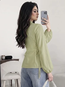 Solavon Women's Exquisite Button Cinched Waist-Cinching Blouse - Green - View 2